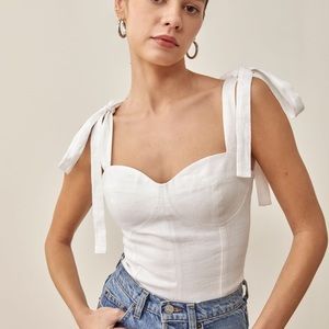Reformation White Linen top with Sweetheart Neckline and Shoulder Ties